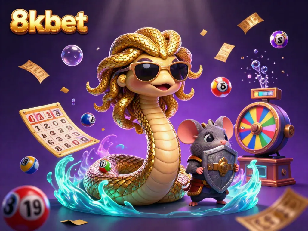 Experience the excitement of 8kbet with Medusa and a warrior mouse amidst a vibrant casino-themed scene.