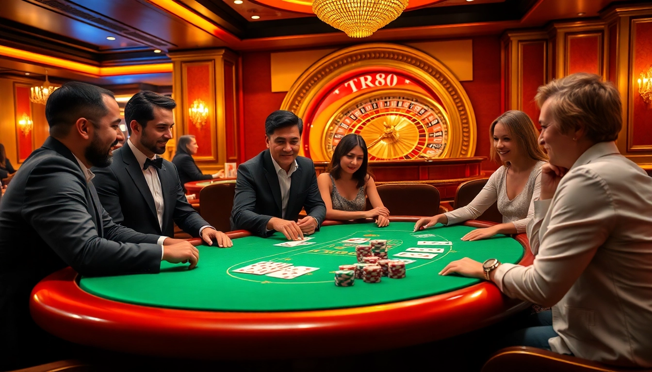 Engaging players at TR88-themed poker table showcasing excitement and strategy in a luxurious casino.