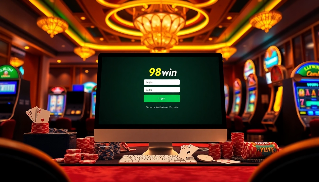 Logging into 98win with casino elements showcasing a thrilling online gambling experience.