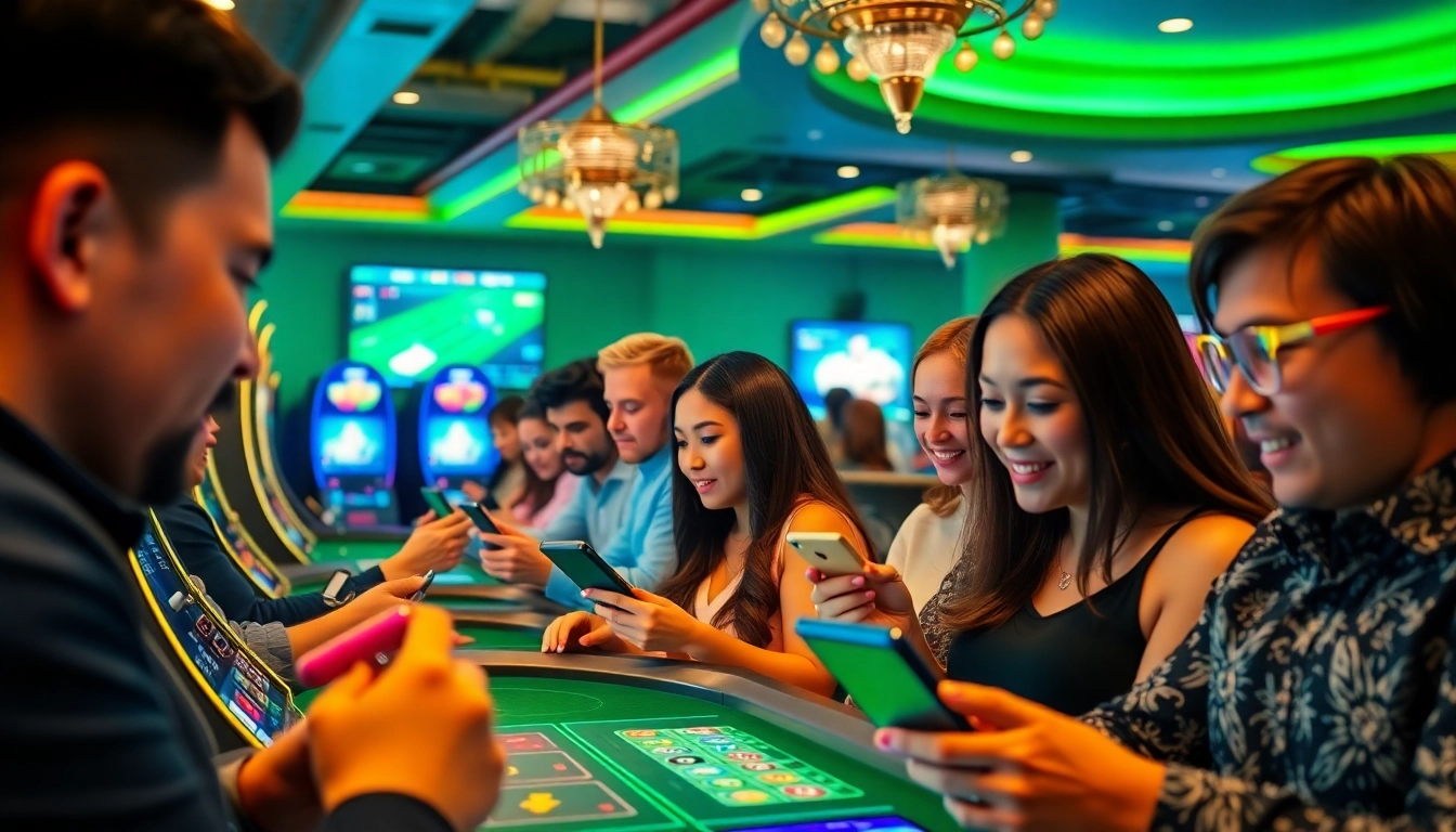 Players engage with NK88's online gambling platform, enjoying a variety of games in a vibrant, inviting atmosphere.