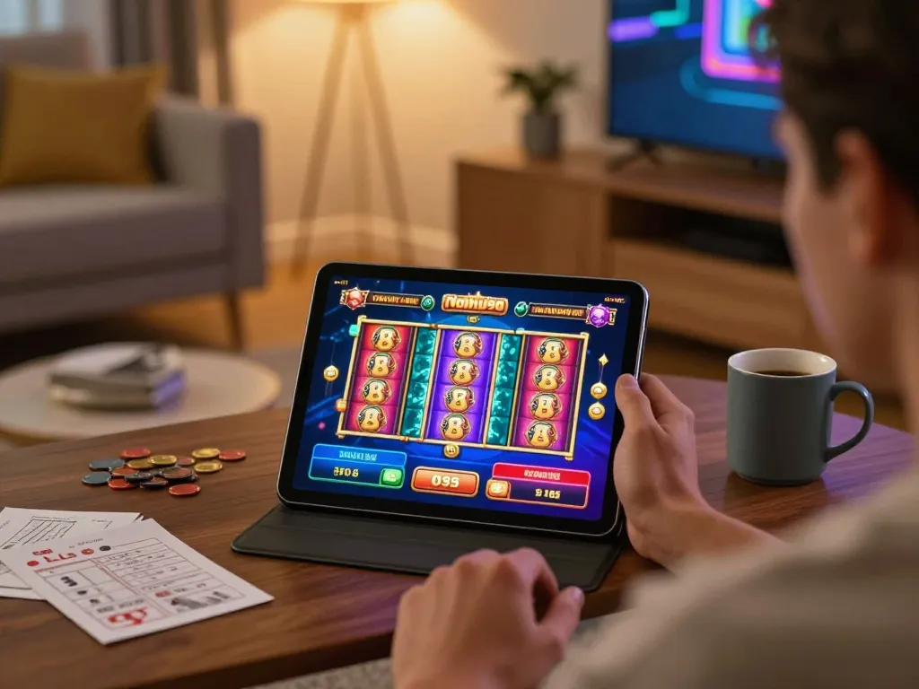 Nohu90 player strategizing online casino games in a cozy home setting