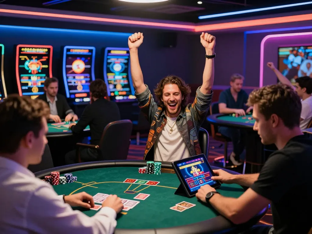Exciting 23win online casino gaming scene with players celebrating wins and engaging at a modern lounge.