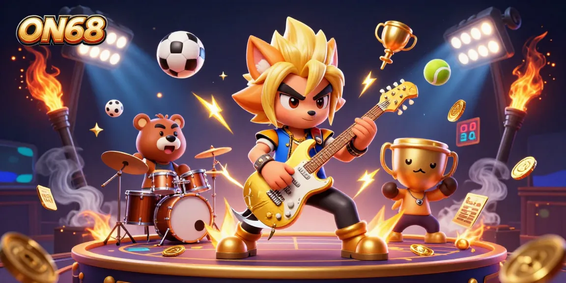 Experience thrilling gameplay with ON68 in this vibrant casino scene featuring rock star characters.