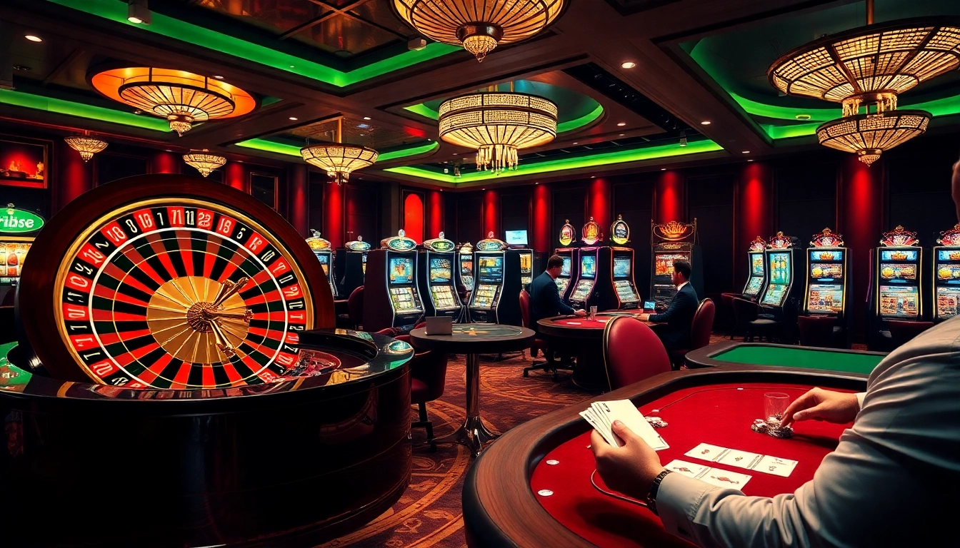 Players enjoying games at rr88.com casino, featuring roulette and poker tables amidst a vibrant atmosphere.