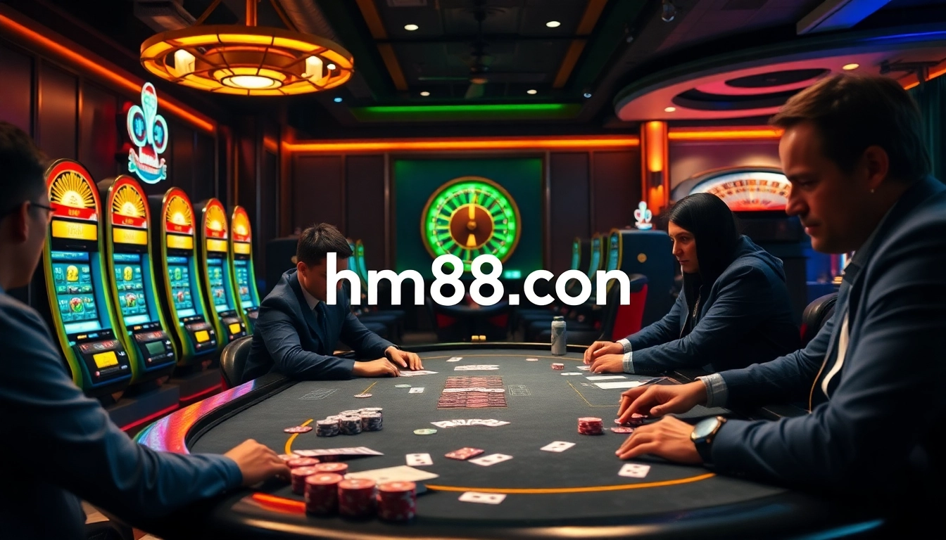 Enjoying the thrill of poker and slot machines at a luxurious casino environment capturing hm88.con's excitement and professionalism.