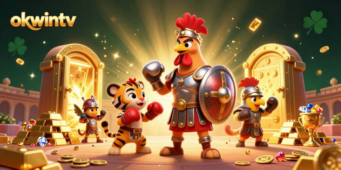 Experience the exhilaration of okwintv with a dynamic scene showcasing a gladiator rooster and rich treasures.