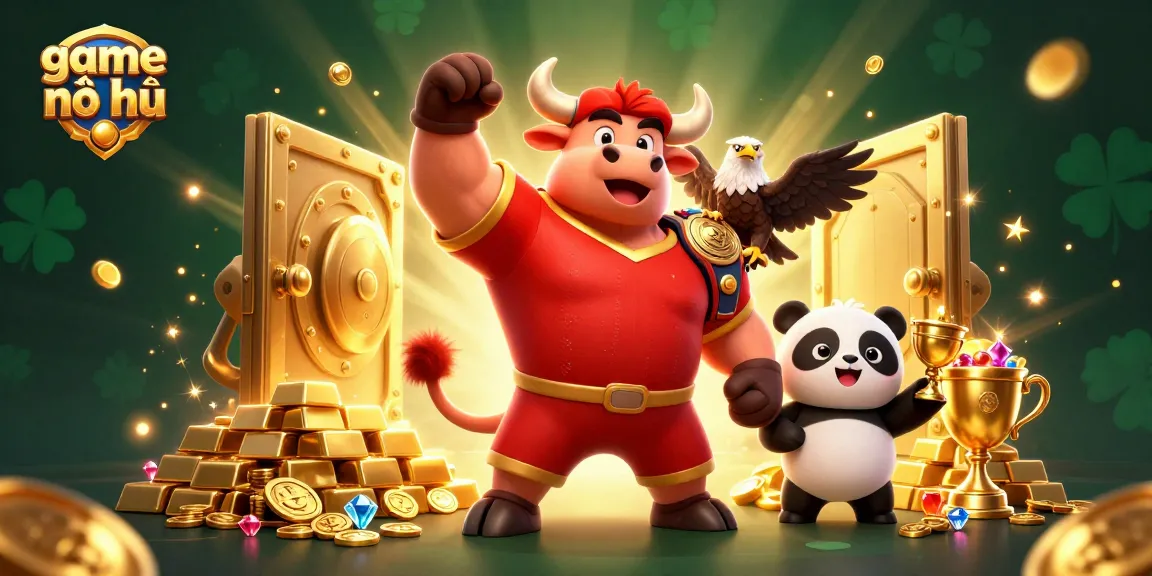 Experience the thrill of game nổ hũ with dynamic 3D characters celebrating jackpot wins amid golden treasures.