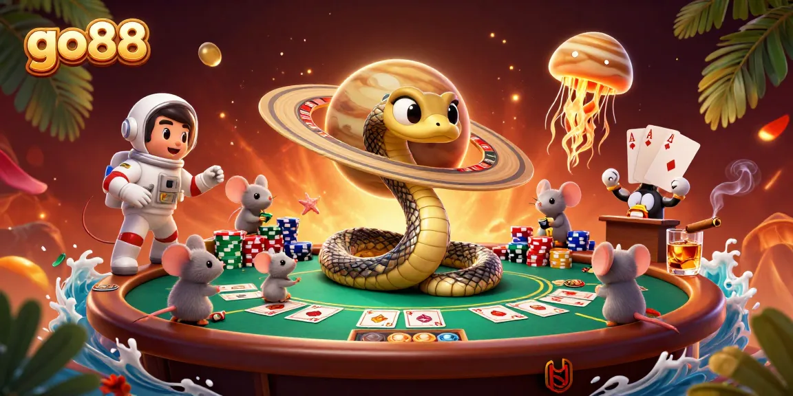 Experience go88 excitement with animated characters gambling on a cosmic roulette wheel