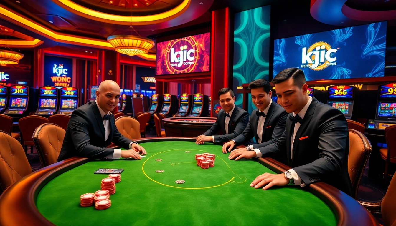Players engaging at a poker table in a vibrant casino from tập đoàn kjc, highlighting the excitement of gaming.
