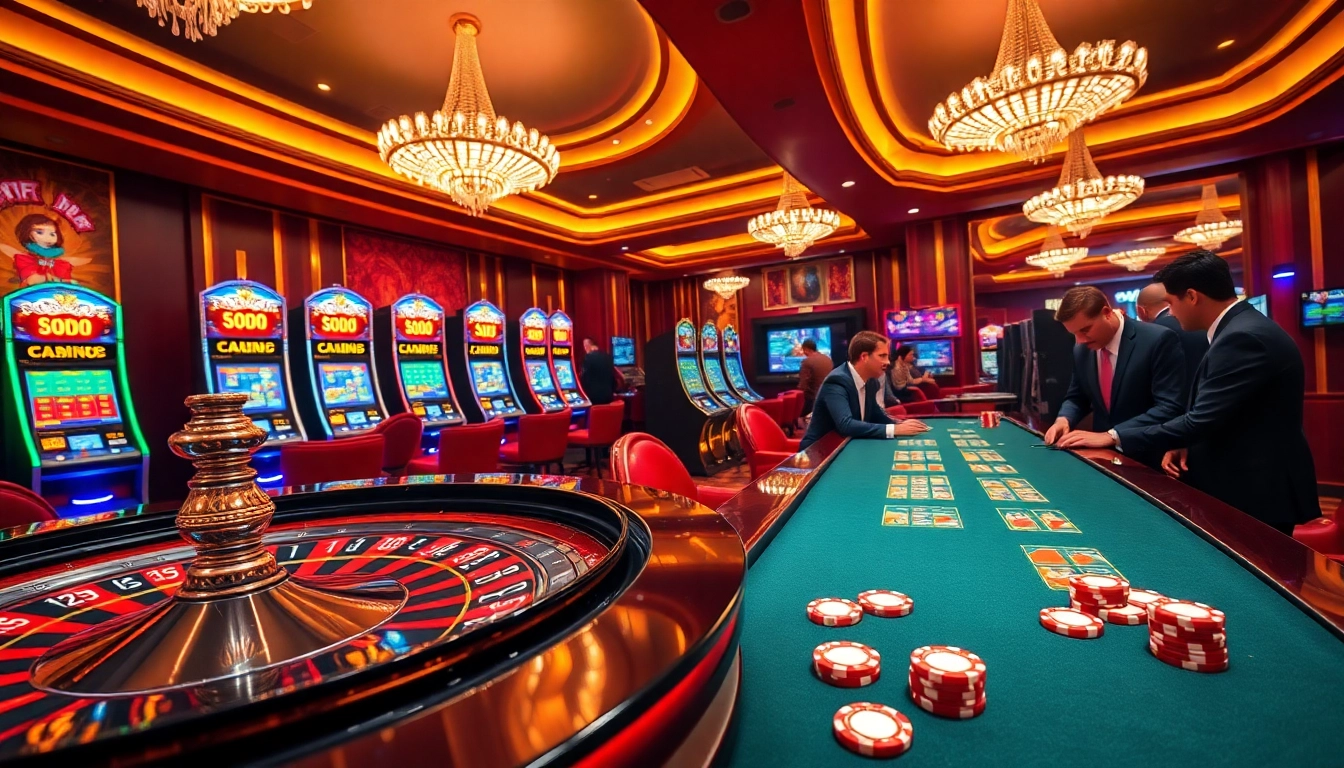 SODO CASINO features a vibrant roulette table and slot machines, capturing the excitement of casino gameplay.
