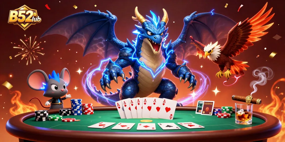 B52club players experience dynamic poker action with thrilling characters and vibrant game elements.