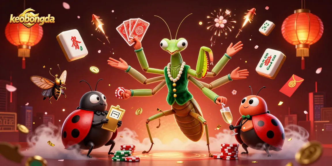 Experience the excitement at keobongda with a giant praying mantis dealer and vibrant casino elements.