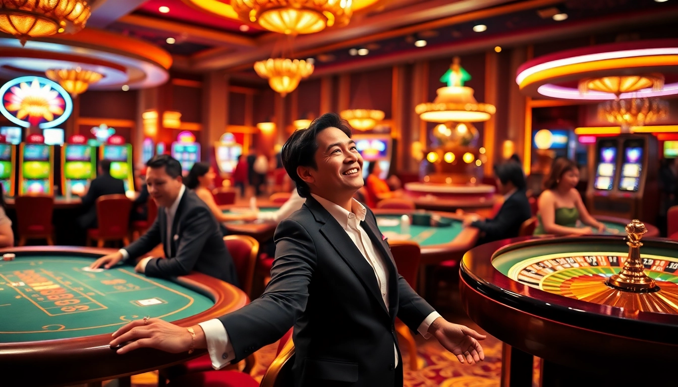 Experience the excitement of F168 at a luxurious casino gaming floor with lively players and vibrant games.