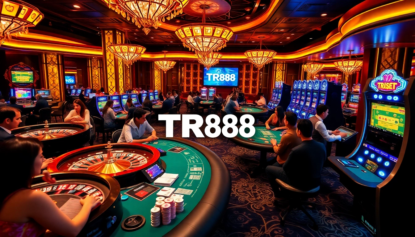 Experience the excitement of online gambling with TR88 Autos featuring vibrant casino tables and poker players.