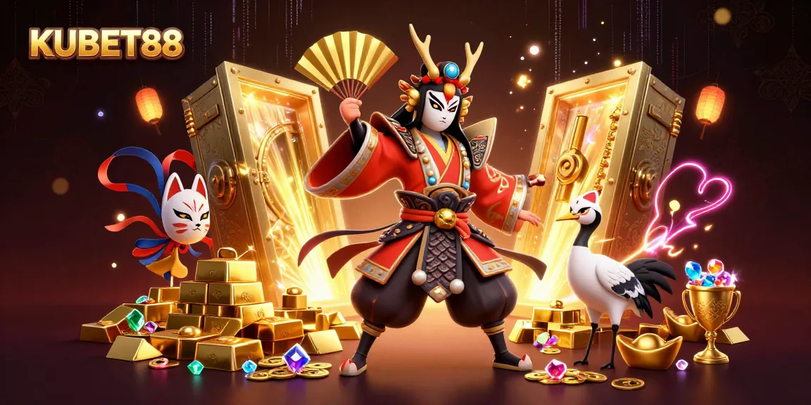 Experience the excitement of KUBET88 with a vibrant 3D digital illustration showcasing a kabuki warrior and treasures.