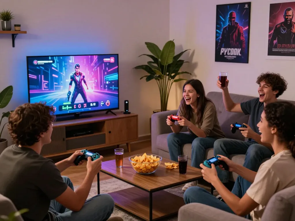 Exciting gaming group enjoying porn games in cozy living room setting.