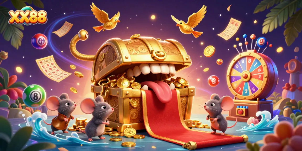 Engage with vibrant XX88 casino-themed illustration featuring playful mice and lottery balls.
