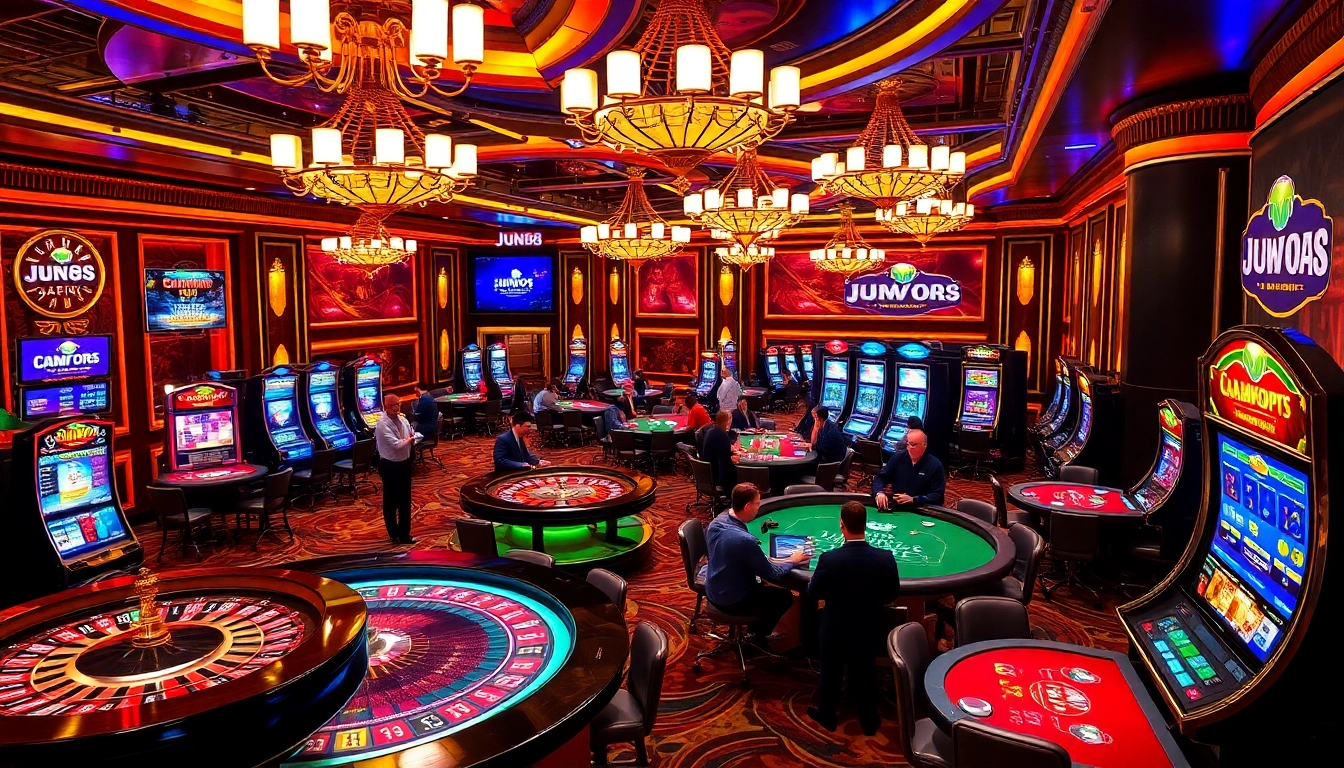 Experience the excitement of Jun88's vibrant casino gaming floor with players engaged in various games.