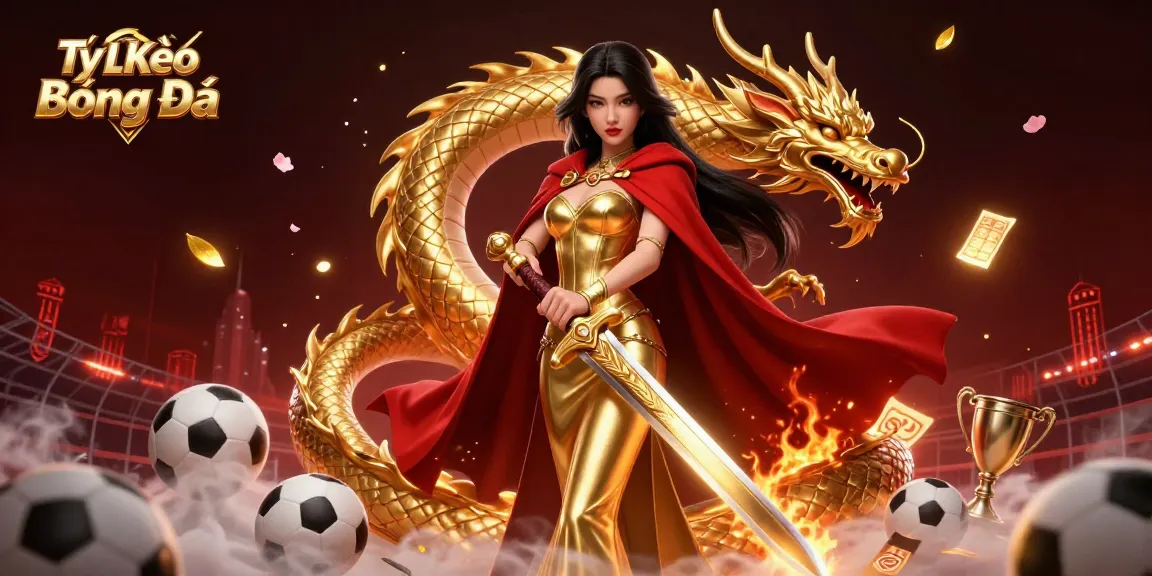 Tỷ Lệ Kèo Bóng Đá showcases a warrior queen gambling on sports with vibrant effects and dynamic elements.