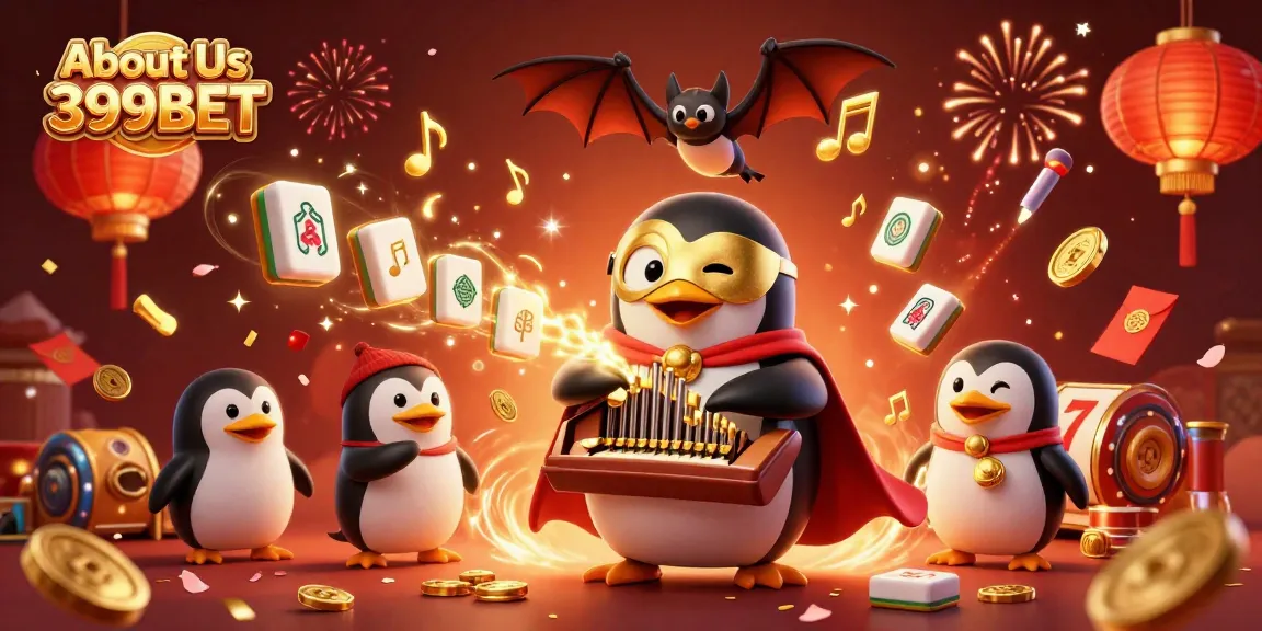Engaging scene depicting About Us 399BET, featuring a penguin playing a coin-shooting organ with festive elements.