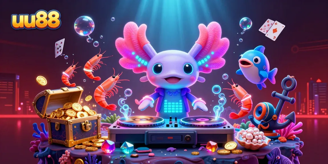 Experience excitement with uu88’s vibrant underwater casino scene, featuring a DJ axolotl and playful shrimp.