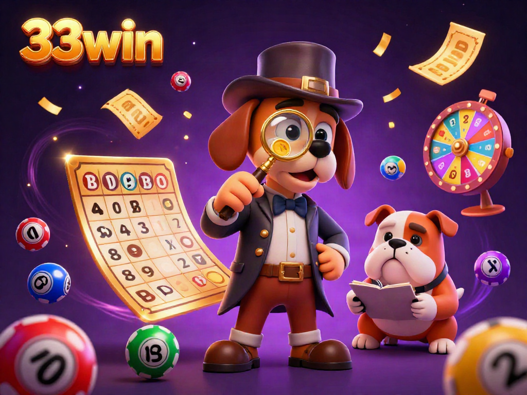 Join the excitement at 33win with a cartoon detective revealing a golden poker chip clue amidst vibrant casino elements.