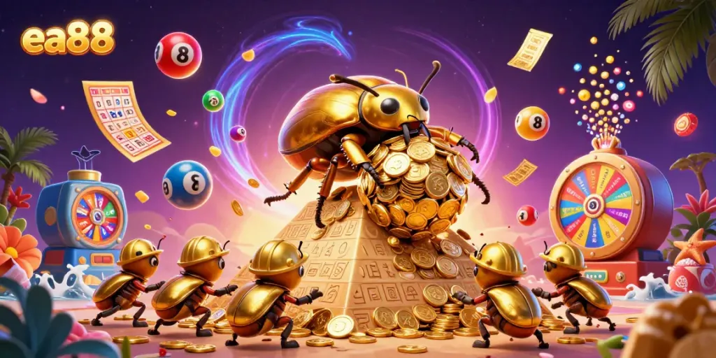Experience epic wins at ea88 with colorful lottery balls and vibrant casino elements in this engaging 3D illustration.