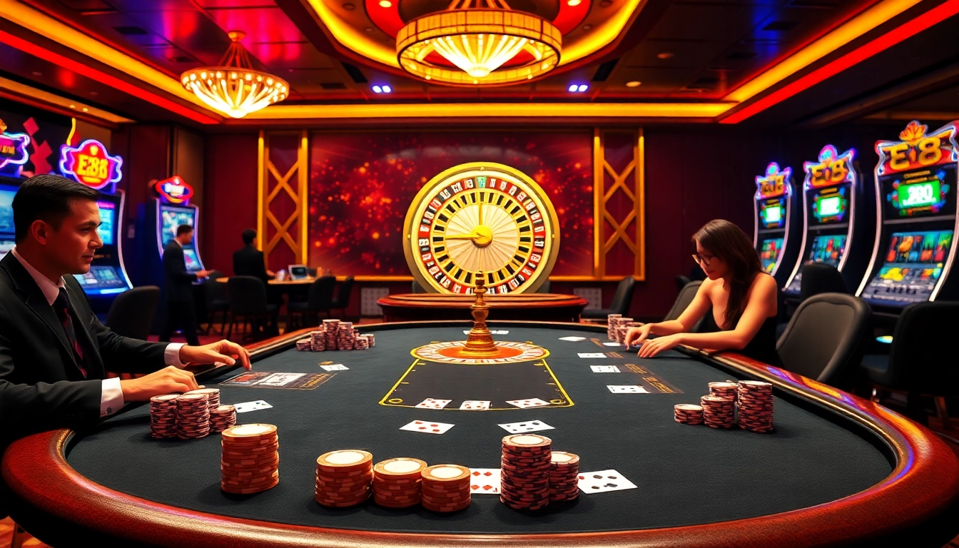 Experience the excitement of ee88 at a lively casino table with vibrant poker games and colorful chips.