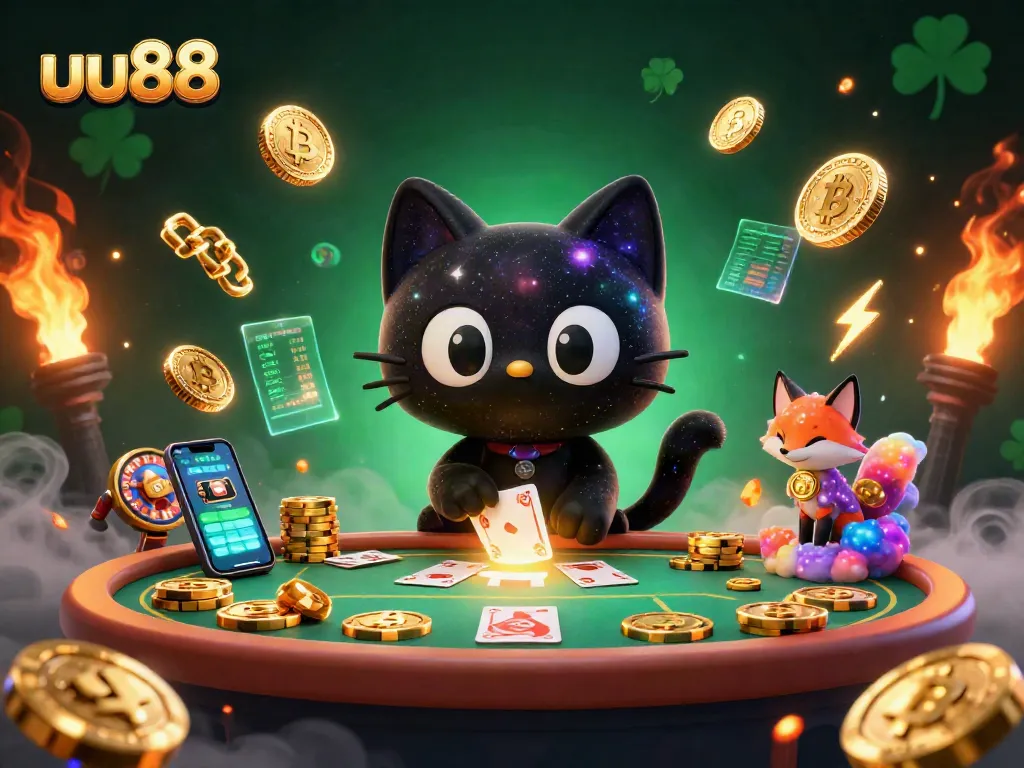 Engage with the dynamic universe of uu88, where a cosmic black hole cat pulls in casino chips amidst glowing cryptocurrencies.
