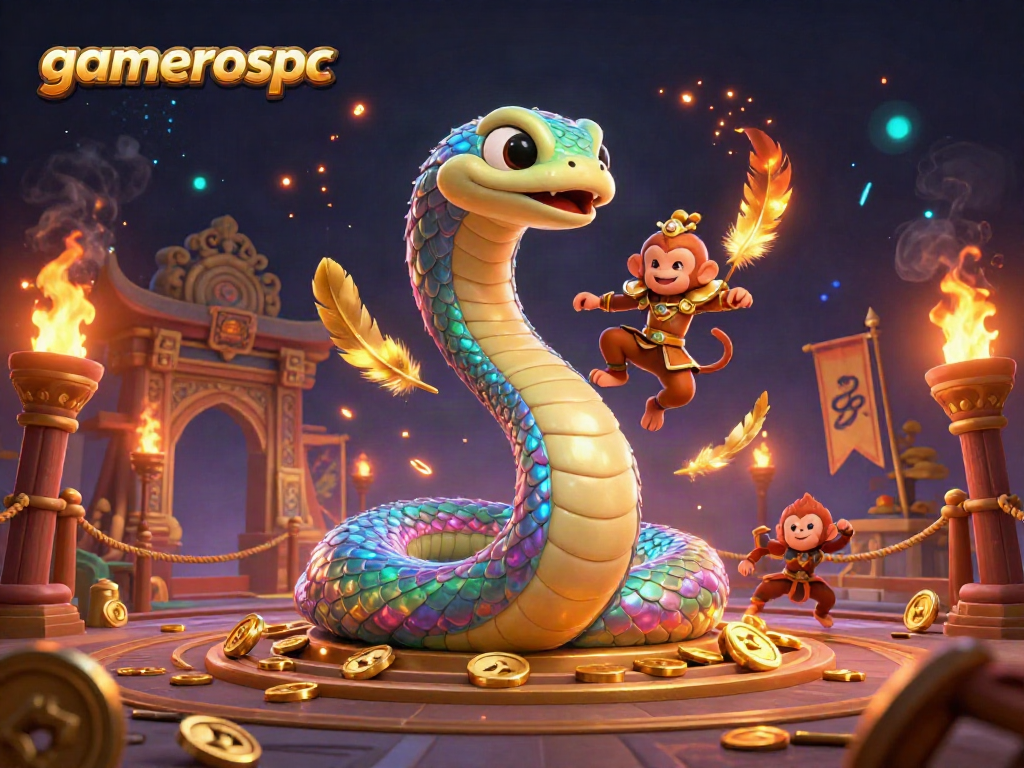 Experience the vibrant and magical world of gamerospc with an iridescent serpent and a monkey king in this dynamic casino illustration.