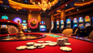 Experience the thrill of sv66 gaming with vibrant poker chips and a roulette table