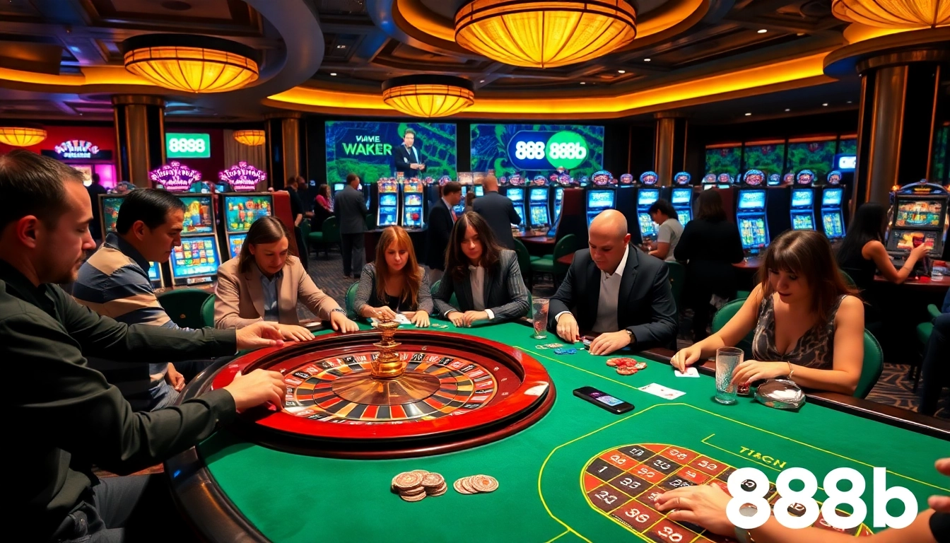 Experience the excitement of 888b with players enjoying casino games and vibrant slot machines.