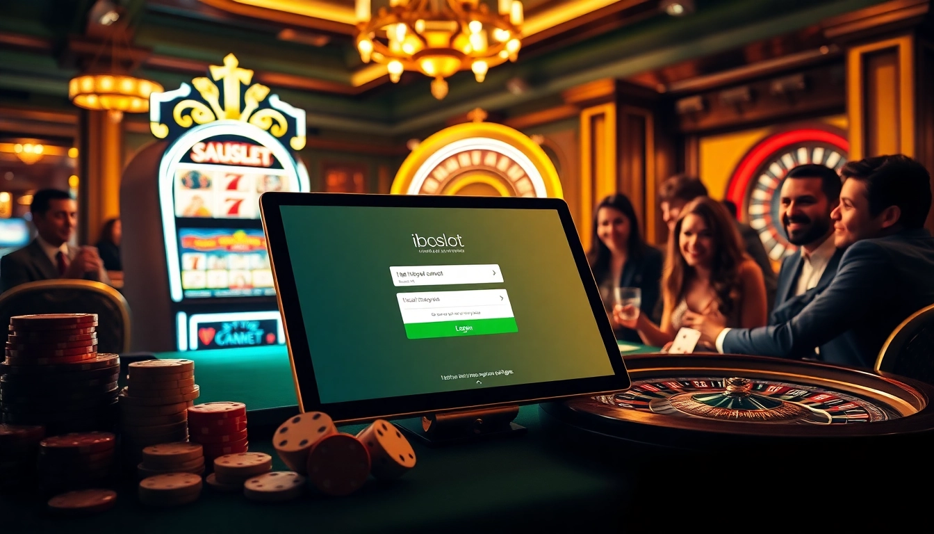 Engage with iboslot login on a luxurious casino tablet amidst poker chips and a roulette wheel.