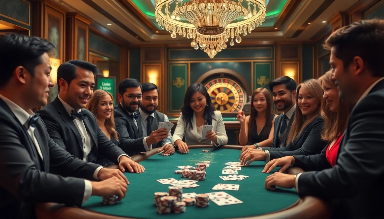 Join the excitement of LC88 Vip at a luxurious casino poker table with players and high-stakes action.