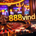 Experience the thrill of gaming with 888vnd displayed at a lavish casino table filled with poker chips and cards.