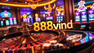 Experience the thrill of gaming with 888vnd displayed at a lavish casino table filled with poker chips and cards.
