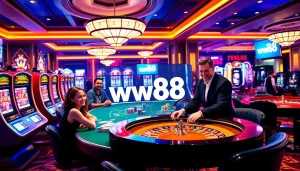 Experience the excitement of ww88 with dynamic casino scenes filled with players at gaming tables.