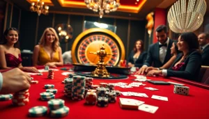 Experience the thrill of gaming at Rikvip with vibrant casino scenes featuring poker chips and roulette wheels.