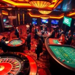 Players engaging in thrilling gambling activities at a luxurious 888vi casino, featuring roulette and poker.