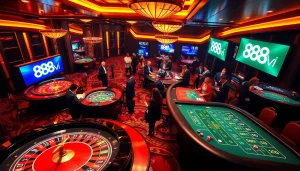 Players engaging in thrilling gambling activities at a luxurious 888vi casino, featuring roulette and poker.