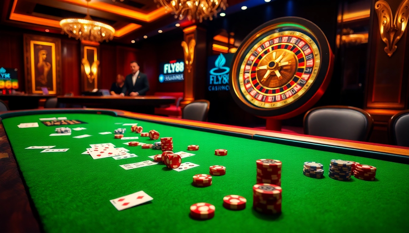 FLY88 gambling table scene featuring poker chips, cards, and a spinning roulette wheel.