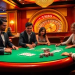 Engaging players at TR88-themed poker table showcasing excitement and strategy in a luxurious casino.