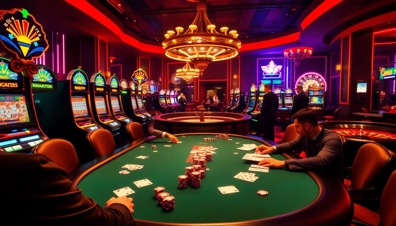 Players enjoying a high-stakes poker game at 11uu casino, surrounded by vivid slot machines and roulette tables.