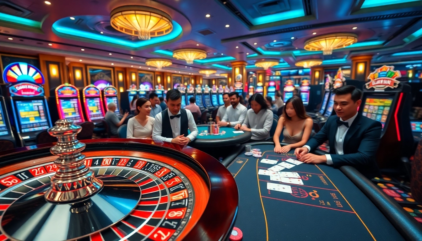 Players enjoying various games at a luxurious casino inspired by https://888vv.co.com/ with vibrant visuals.
