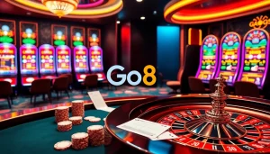 Go8 online casino showcasing vibrant poker tables and roulette wheels in an exciting atmosphere.