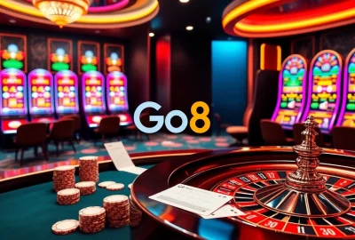 Go8 online casino showcasing vibrant poker tables and roulette wheels in an exciting atmosphere.