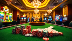 Experience high-stakes excitement with rikvip poker chips and cards on a vibrant casino table.