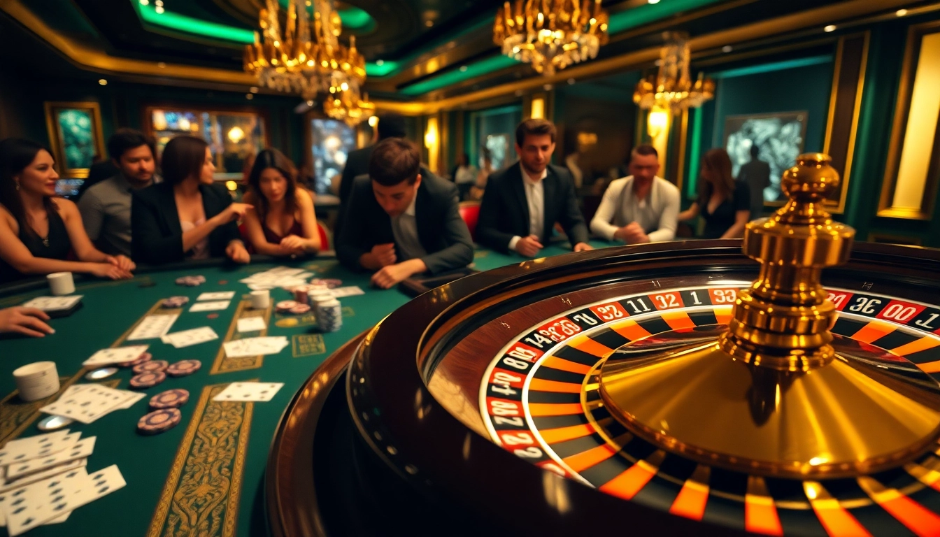 Players enjoying a thrilling game at the b52 gambling lounge, surrounded by luxury casino elements.