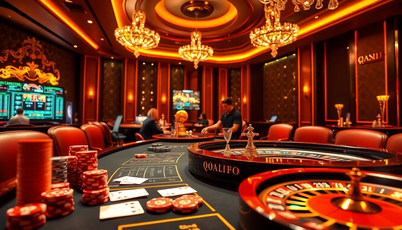 Players enjoying a thrilling online gaming experience at qqalfa casino with vibrant visuals and stylish decor.