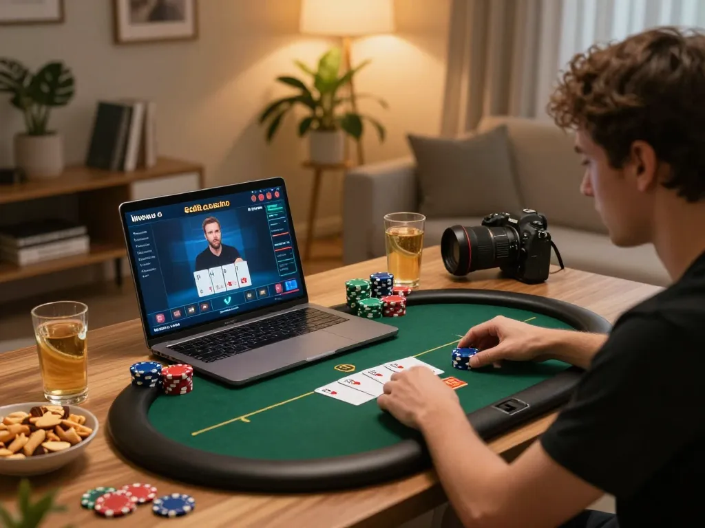 Engaged player enjoying online poker at https://sc88.casino/, surrounded by snacks and ambient lighting.